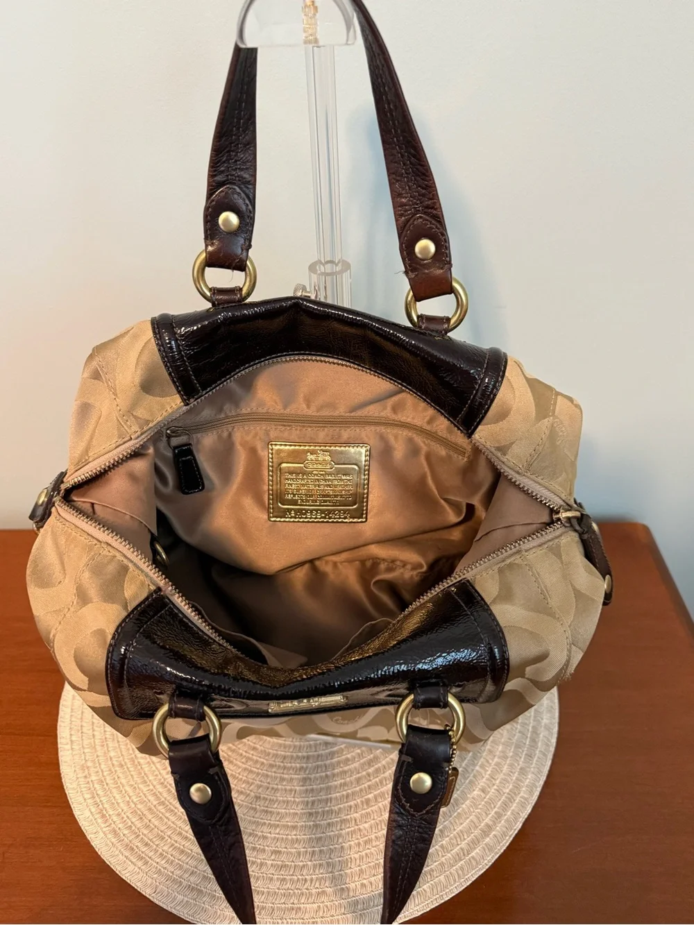 Coach Madison Audrey Op Art sateen satchel in khaki and brown